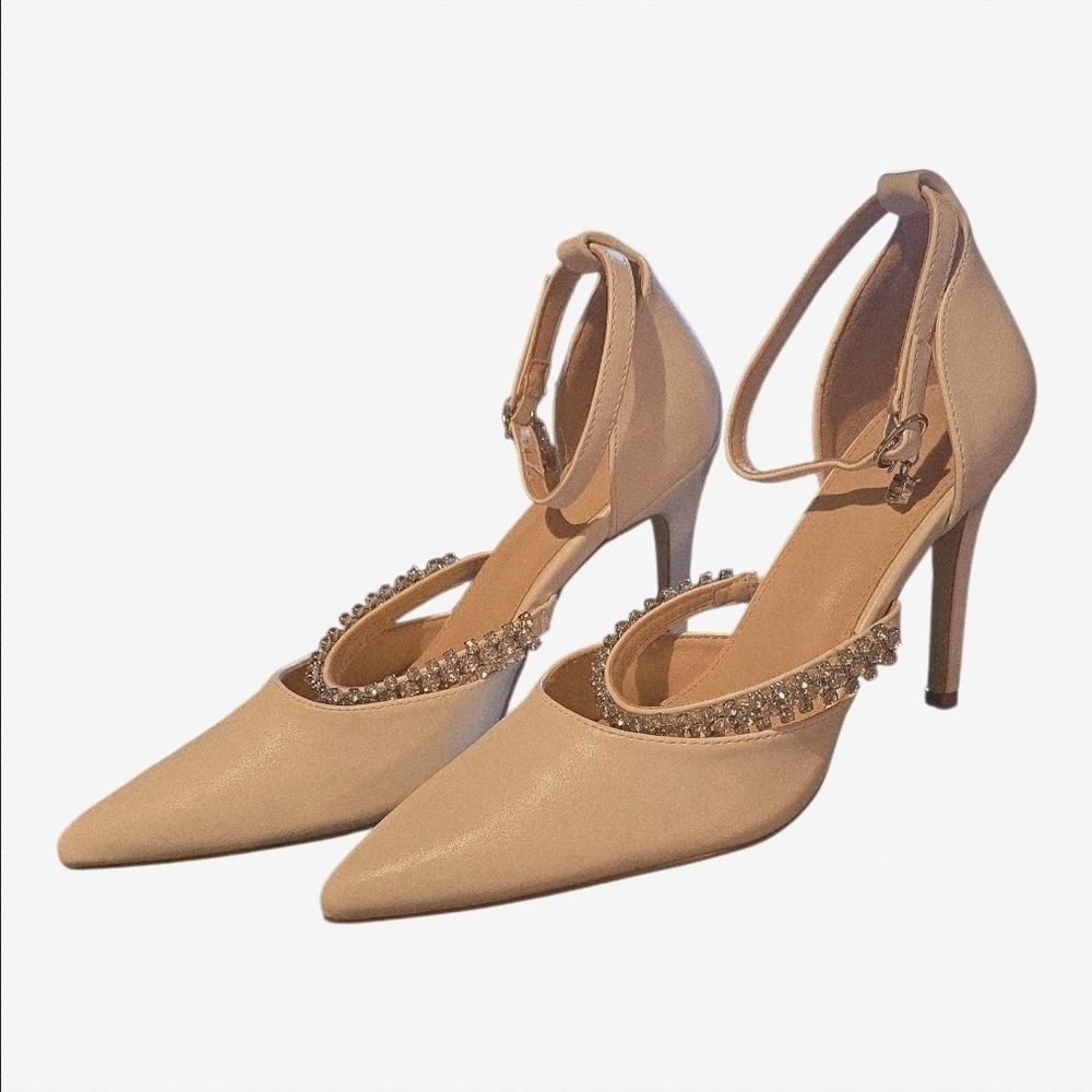 Camssoo Nude Rhinestone Ankle Strap Pointed Toe Pumps  - Size 7.5 NWT - Picture 2 of 7